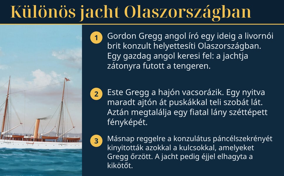 Különös jacht Olaszországban. Gordon Gregg angol író egy ideig a livornói brit konzult helyettesíti Olaszországban. Egy gazdag angol keresi fel: a jachtja zátonyra futott a tengeren.