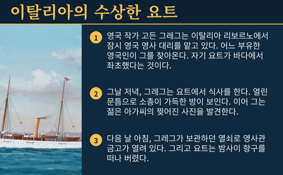 이탈리아의 수상한 요트. 영국 작가 고든 그레그는 이탈리아 리보르노에서 잠시 영국 영사 대리를 맡고 있다. 어느 부유한 영국인이 그를 찾아온다. 자기 요트가 바다에서 좌초했다는 것이다.