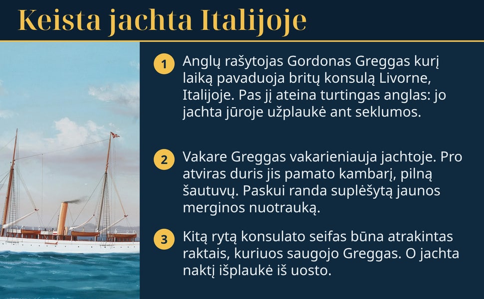 Keista jachta Italijoje. Anglų rašytojas Gordonas Greggas kurį laiką pavaduoja britų konsulą Livorne, Italijoje. Pas jį ateina turtingas anglas: jo jachta jūroje užplaukė ant seklumos.
