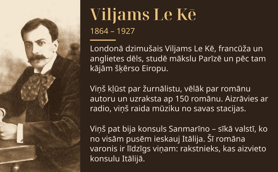 Viljams Le Kē. Londonā dzimušais Viljams Le Kē, francūža un anglietes dēls, studē mākslu Parīzē un pēc tam kājām šķērso Eiropu.