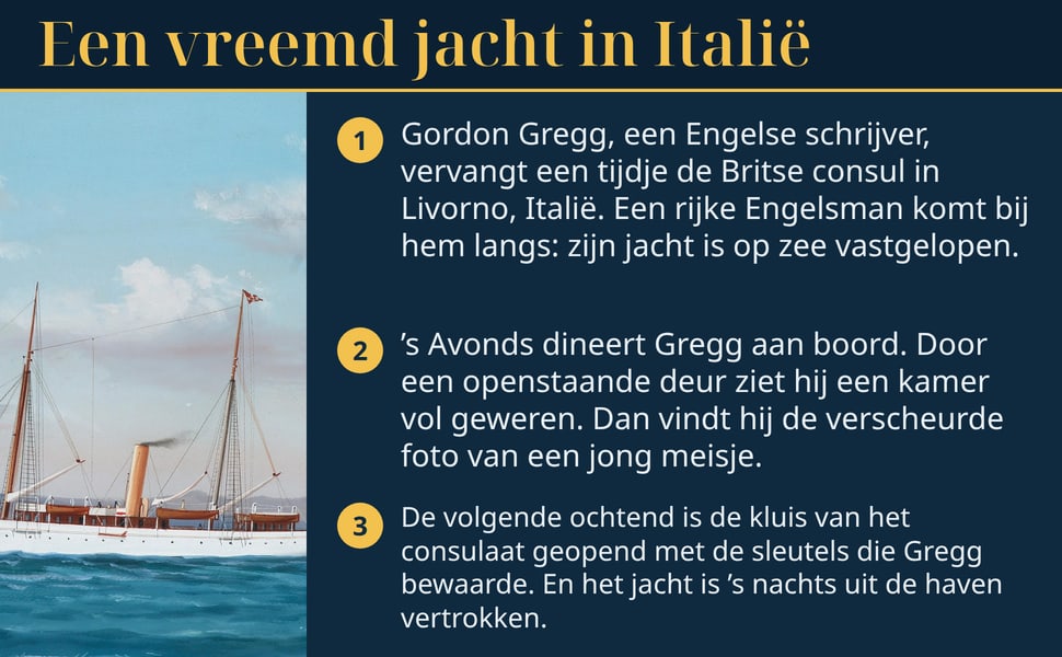 Een vreemd jacht in Italië. Gordon Gregg, een Engelse schrijver, vervangt een tijdje de Britse consul in Livorno, Italië. Een rijke Engelsman komt bij hem langs: zijn jacht is op zee vastgelopen.