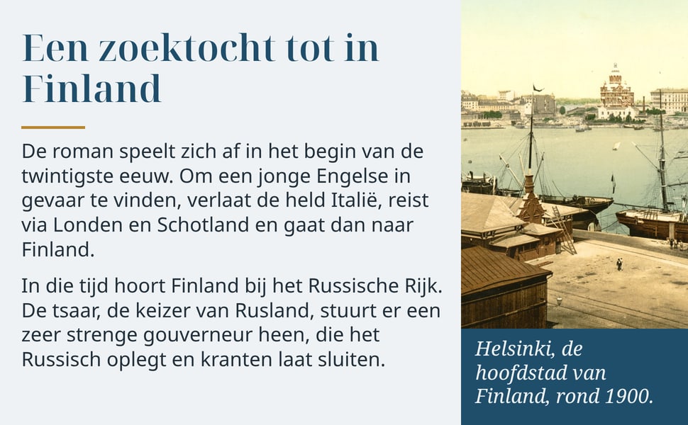 Een zoektocht tot in Finland. De roman speelt zich af in het begin van de twintigste eeuw. Om een jonge Engelse in gevaar te vinden, verlaat de held Italië, reist via Londen en Schotland en gaat dan naar Finland.