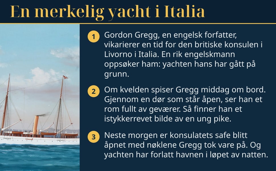 En merkelig yacht i Italia. Gordon Gregg, en engelsk forfatter, vikarierer en tid for den britiske konsulen i Livorno i Italia. En rik engelskmann oppsøker ham: yachten hans har gått på grunn.