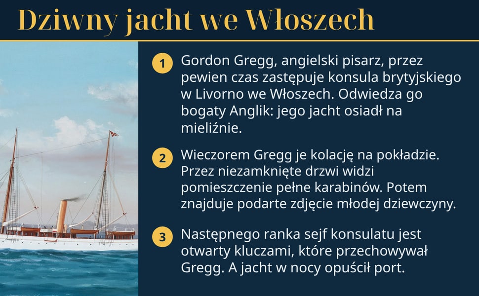 Dziwny jacht we Włoszech. Gordon Gregg, angielski pisarz, przez pewien czas zastępuje konsula brytyjskiego w Livorno we Włoszech. Odwiedza go bogaty Anglik: jego jacht osiadł na mieliźnie.