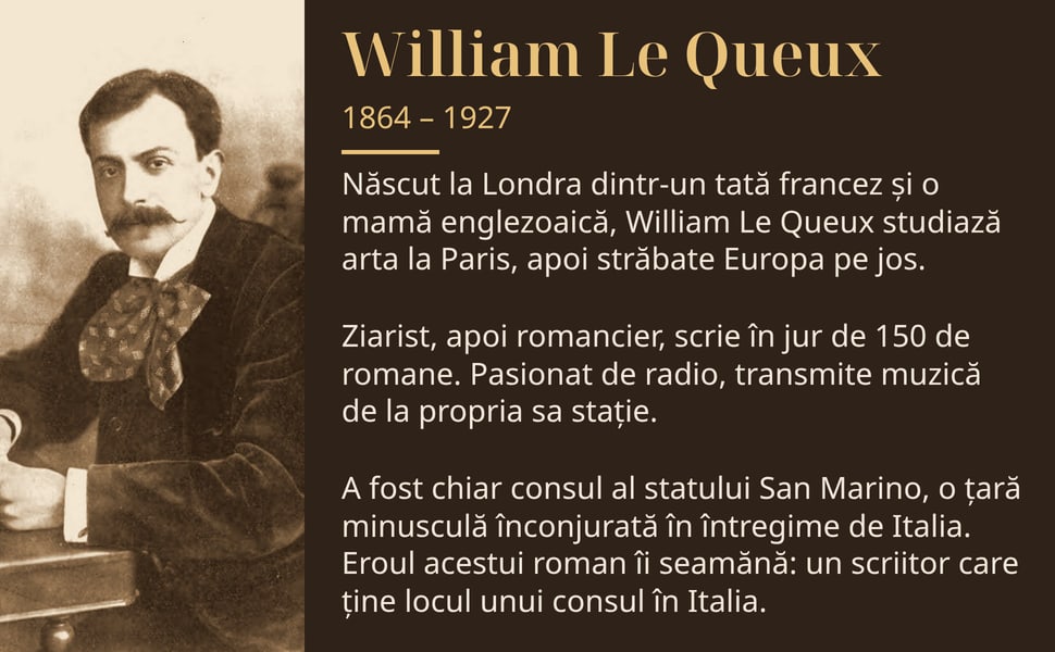 William Le Queux. Născut la Londra dintr-un tată francez și o mamă englezoaică, William Le Queux studiază arta la Paris, apoi străbate Europa pe jos.