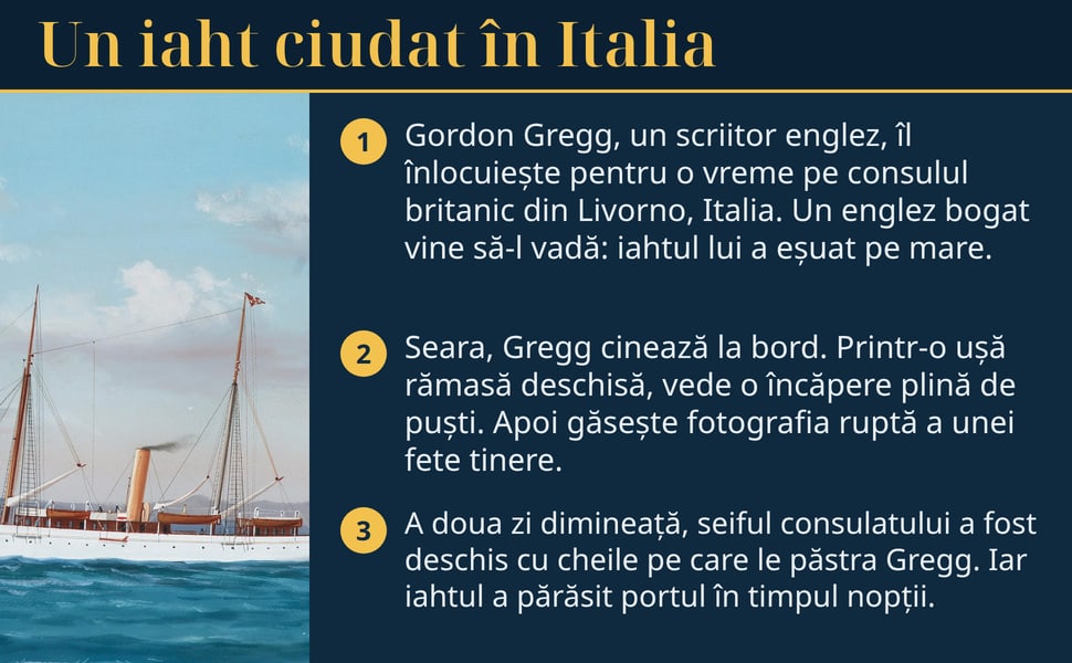 Un iaht ciudat în Italia. Gordon Gregg, un scriitor englez, îl înlocuiește pentru o vreme pe consulul britanic din Livorno, Italia. Un englez bogat vine să-l vadă: iahtul lui a eșuat pe mare.
