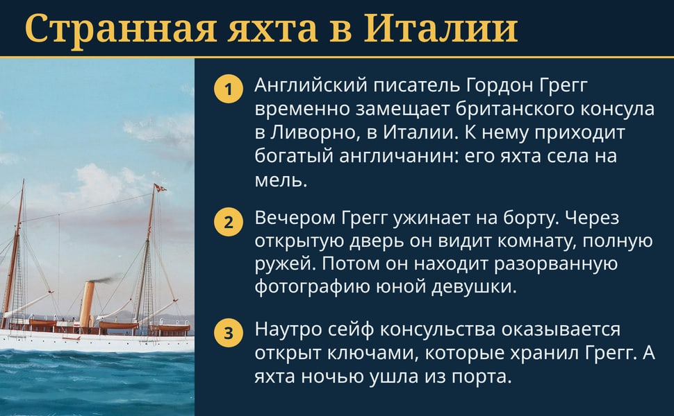 Странная яхта в Италии. Английский писатель Гордон Грегг временно замещает британского консула в Ливорно, в Италии. К нему приходит богатый англичанин: его яхта села на мель.