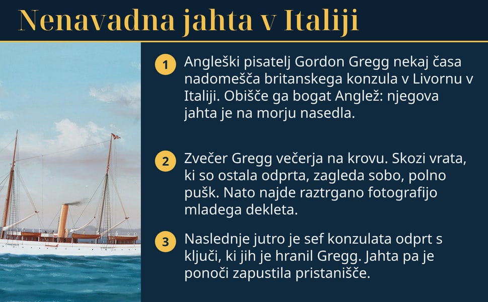 Nenavadna jahta v Italiji. Angleški pisatelj Gordon Gregg nekaj časa nadomešča britanskega konzula v Livornu v Italiji. Obišče ga bogat Anglež: njegova jahta je na morju nasedla.