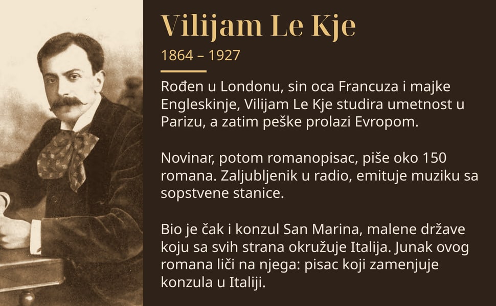 Vilijam Le Kje. Rođen u Londonu, sin oca Francuza i majke Engleskinje, Vilijam Le Kje studira umetnost u Parizu, a zatim peške prolazi Evropom.