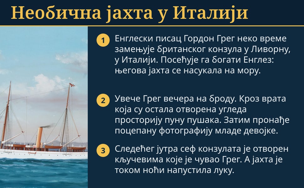 Необична јахта у Италији. Енглески писац Гордон Грег неко време замењује британског конзула у Ливорну, у Италији. Посећује га богати Енглез: његова јахта се насукала на мору.