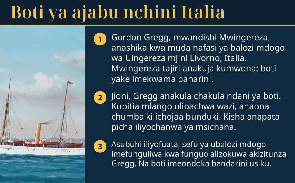 Boti ya ajabu nchini Italia. Gordon Gregg, mwandishi Mwingereza, anashika kwa muda nafasi ya balozi mdogo wa Uingereza mjini Livorno, Italia. Mwingereza tajiri anakuja kumwona: boti yake imekwama baharini.