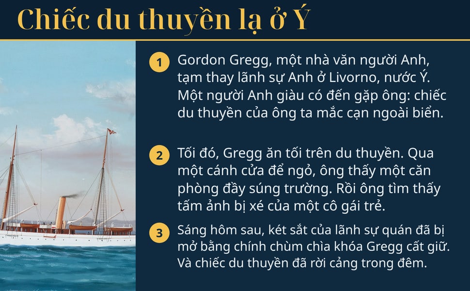 Chiếc du thuyền lạ ở Ý. Gordon Gregg, một nhà văn người Anh, tạm thay lãnh sự Anh ở Livorno, nước Ý. Một người Anh giàu có đến gặp ông: chiếc du thuyền của ông ta mắc cạn ngoài biển.
