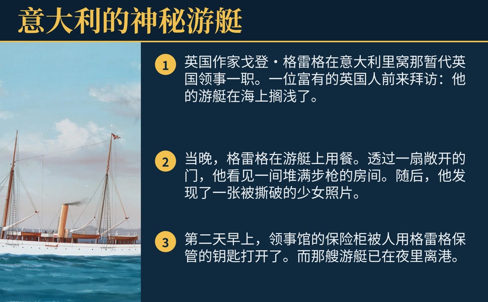意大利的神秘游艇。英国作家戈登·格雷格在意大利里窝那暂代英国领事一职。一位富有的英国人前来拜访:他的游艇在海上搁浅了。