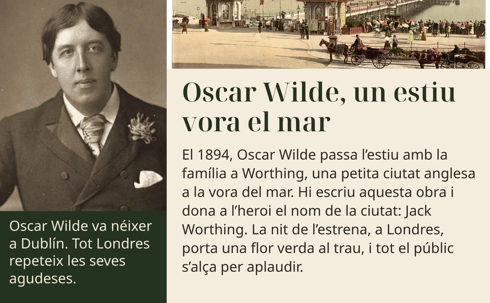 Oscar Wilde, un estiu vora el mar. El 1894, Oscar Wilde passa l’estiu amb la família a Worthing, una petita ciutat anglesa a la vora del mar. Hi escriu aquesta obra i dona a l’heroi el nom de la ciutat: Jack Worthing.…