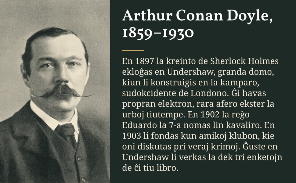 Arthur Conan Doyle, 1859–1930. En 1897 la kreinto de Sherlock Holmes ekloĝas en Undershaw, granda domo, kiun li konstruigis en la kamparo, sudokcidente de Londono. Ĝi havas propran elektron, rara afero ekster la urboj…