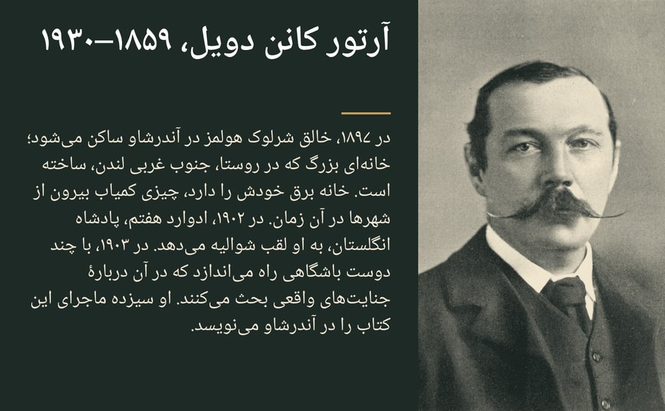 آرتور کانن دویل، ۱۸۵۹–۱۹۳۰. در ۱۸۹۷، خالق شرلوک هولمز در آندرشاو ساکن میشود؛ خانهای بزرگ که در روستا، جنوب غربی لندن، ساخته است. خانه برق خودش را دارد، چیزی کمیاب بیرون از شهرها در آن زمان. در ۱۹۰۲، ادوارد هفتم،…