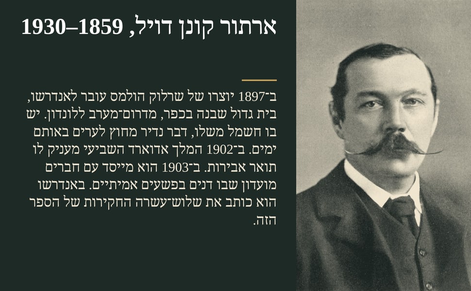 ארתור קונן דויל, 1859–1930. ב־1897 יוצרו של שרלוק הולמס עובר לאנדרשו, בית גדול שבנה בכפר, מדרום־מערב ללונדון. יש בו חשמל משלו, דבר נדיר מחוץ לערים באותם ימים. ב־1902 המלך אדוארד השביעי מעניק לו תואר אבירות. ב־1903 הוא…