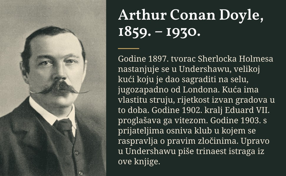 Arthur Conan Doyle, 1859. – 1930. Godine 1897. tvorac Sherlocka Holmesa nastanjuje se u Undershawu, velikoj kući koju je dao sagraditi na selu, jugozapadno od Londona. Kuća ima vlastitu struju, rijetkost izvan gradova…