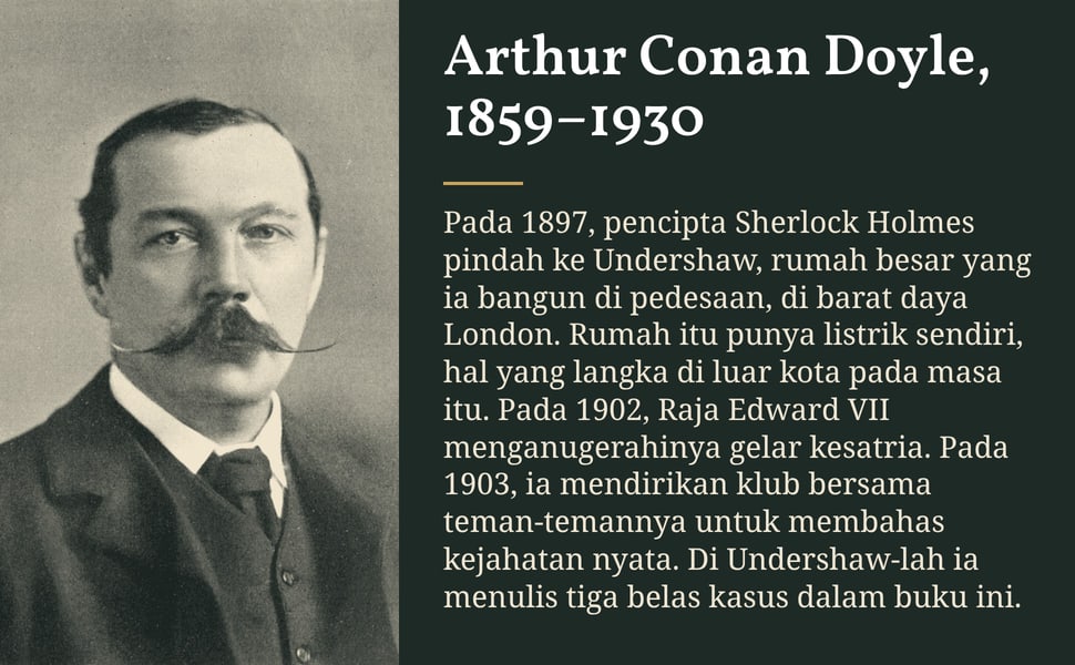 Arthur Conan Doyle, 1859–1930. Pada 1897, pencipta Sherlock Holmes pindah ke Undershaw, rumah besar yang ia bangun di pedesaan, di barat daya London. Rumah itu punya listrik sendiri, hal yang langka di luar kota pada…