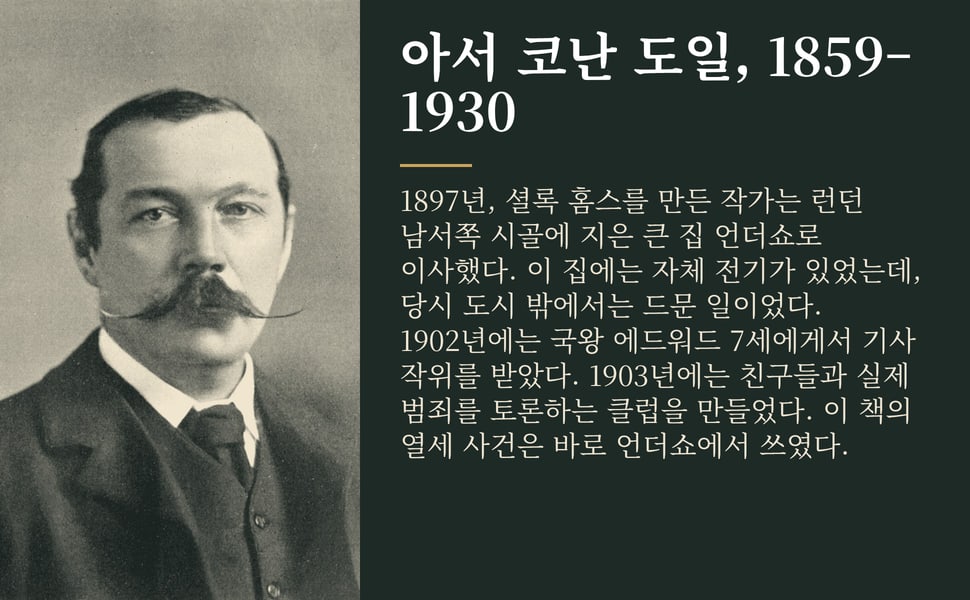아서 코난 도일, 1859–1930. 1897년, 셜록 홈스를 만든 작가는 런던 남서쪽 시골에 지은 큰 집 언더쇼로 이사했다. 이 집에는 자체 전기가 있었는데, 당시 도시 밖에서는 드문 일이었다. 1902년에는 국왕 에드워드 7세에게서 기사 작위를 받았다. 1903년에는 친구들과 실제 범죄를 토론하는 클럽을 만들었다. 이 책의 열세 사건은 바로 언더쇼에서 쓰였다.