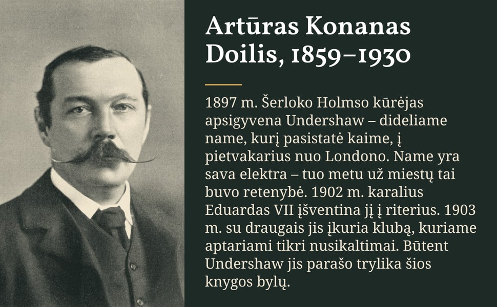 Artūras Konanas Doilis, 1859–1930. 1897 m. Šerloko Holmso kūrėjas apsigyvena Undershaw – dideliame name, kurį pasistatė kaime, į pietvakarius nuo Londono. Name yra sava elektra – tuo metu už miestų tai buvo retenybė.…
