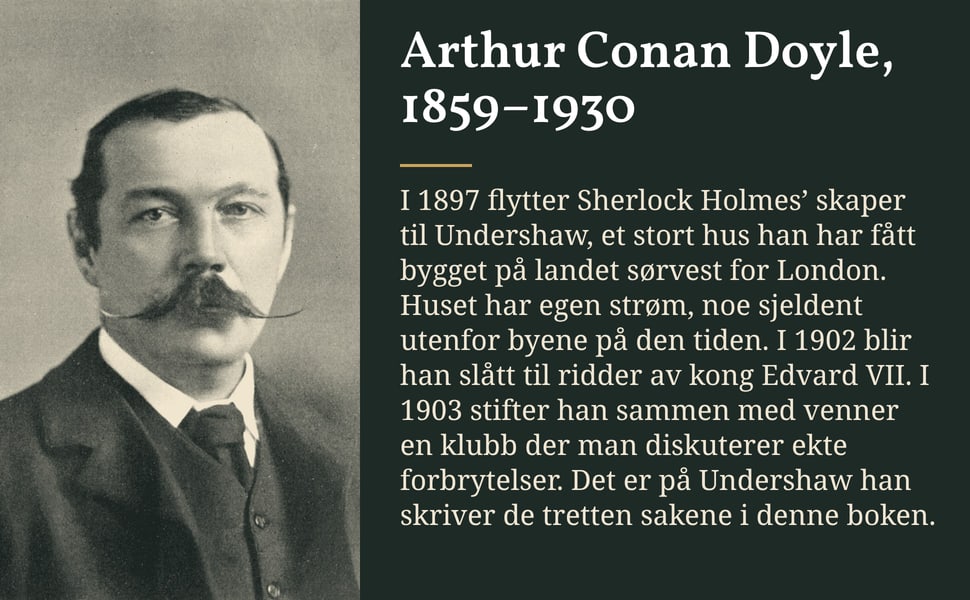 Arthur Conan Doyle, 1859–1930. I 1897 flytter Sherlock Holmes’ skaper til Undershaw, et stort hus han har fått bygget på landet sørvest for London. Huset har egen strøm, noe sjeldent utenfor byene på den tiden. I 1902…