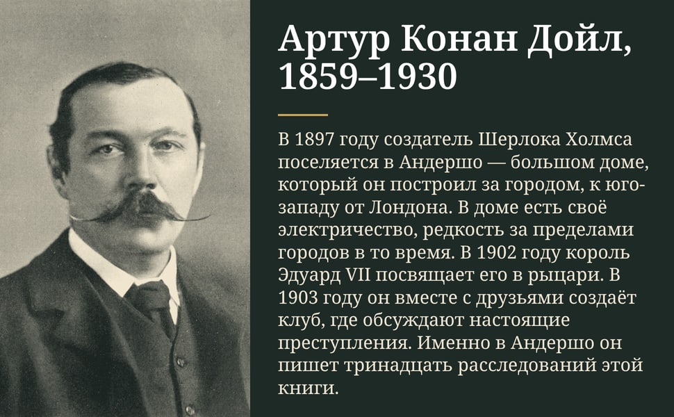 Артур Конан Дойл, 1859–1930. В 1897 году создатель Шерлока Холмса поселяется в Андершо — большом доме, который он построил за городом, к юго-западу от Лондона. В доме есть своё электричество, редкость за пределами…