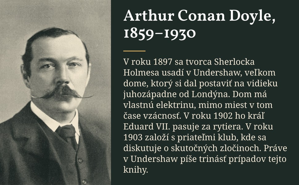 Arthur Conan Doyle, 1859–1930. V roku 1897 sa tvorca Sherlocka Holmesa usadí v Undershaw, veľkom dome, ktorý si dal postaviť na vidieku juhozápadne od Londýna. Dom má vlastnú elektrinu, mimo miest v tom čase vzácnosť.…
