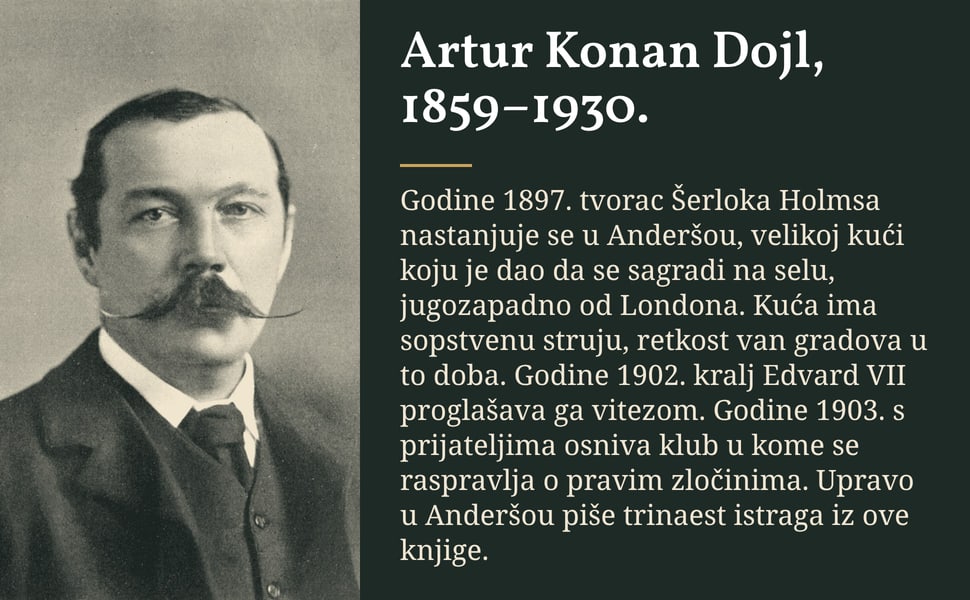 Artur Konan Dojl, 1859–1930. Godine 1897. tvorac Šerloka Holmsa nastanjuje se u Anderšou, velikoj kući koju je dao da se sagradi na selu, jugozapadno od Londona. Kuća ima sopstvenu struju, retkost van gradova u to…