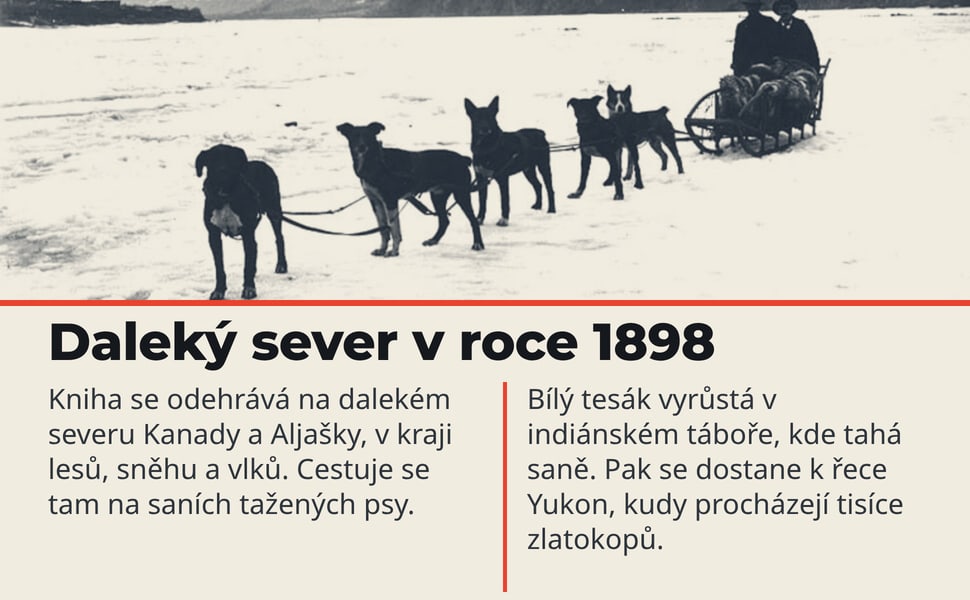 Daleký sever v roce 1898. Kniha se odehrává na dalekém severu Kanady a Aljašky, v kraji lesů, sněhu a vlků. Cestuje se tam na saních tažených psy.