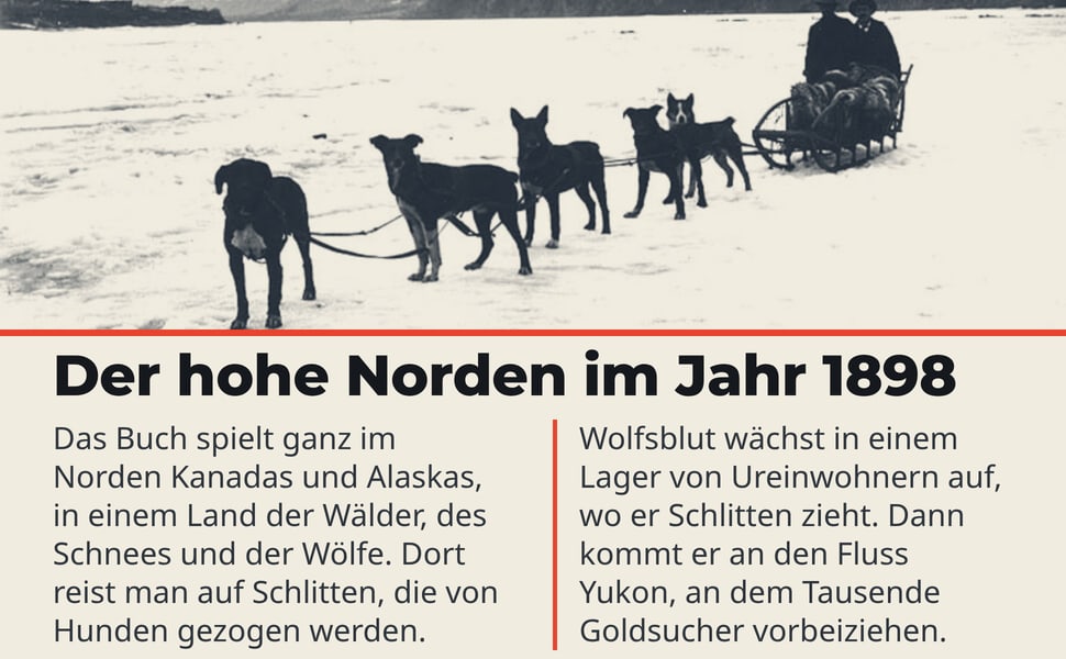 Der hohe Norden im Jahr 1898. Das Buch spielt ganz im Norden Kanadas und Alaskas, in einem Land der Wälder, des Schnees und der Wölfe. Dort reist man auf Schlitten, die von Hunden gezogen werden.