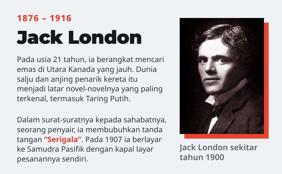 Pada usia 21 tahun, ia berangkat mencari emas di Utara Kanada yang jauh. Dunia salju dan anjing penarik kereta itu menjadi latar novel-novelnya yang paling terkenal, termasuk Taring Putih.