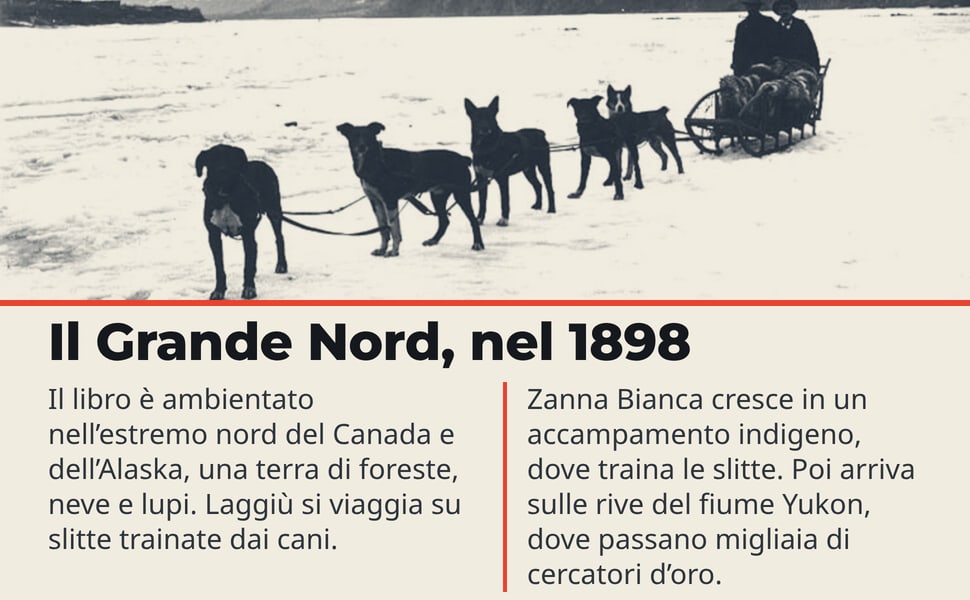 Il Grande Nord, nel 1898. Il libro è ambientato nell’estremo nord del Canada e dell’Alaska, una terra di foreste, neve e lupi. Laggiù si viaggia su slitte trainate dai cani.
