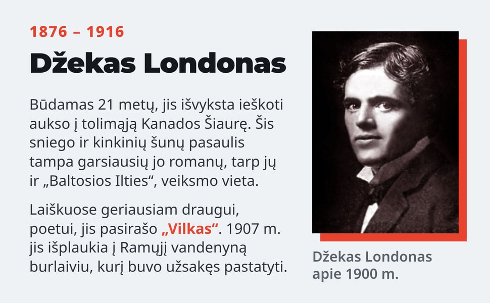 Būdamas 21 metų, jis išvyksta ieškoti aukso į tolimąją Kanados Šiaurę. Šis sniego ir kinkinių šunų pasaulis tampa garsiausių jo romanų, tarp jų ir „Baltosios Ilties“, veiksmo vieta.