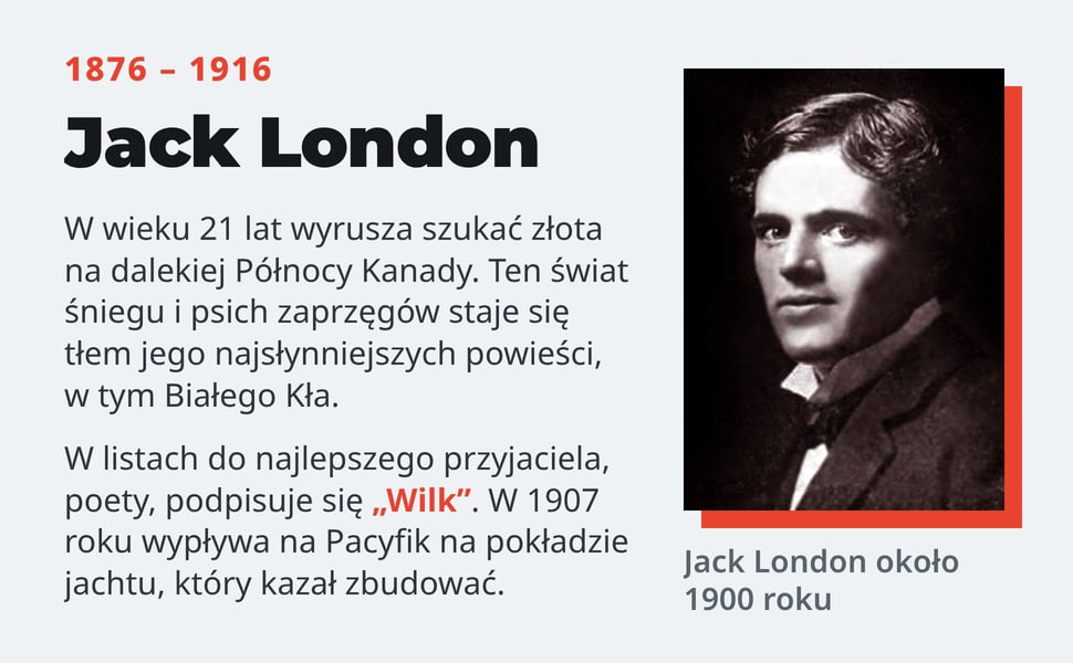 W wieku 21 lat wyrusza szukać złota na dalekiej Północy Kanady. Ten świat śniegu i psich zaprzęgów staje się tłem jego najsłynniejszych powieści, w tym Białego Kła.