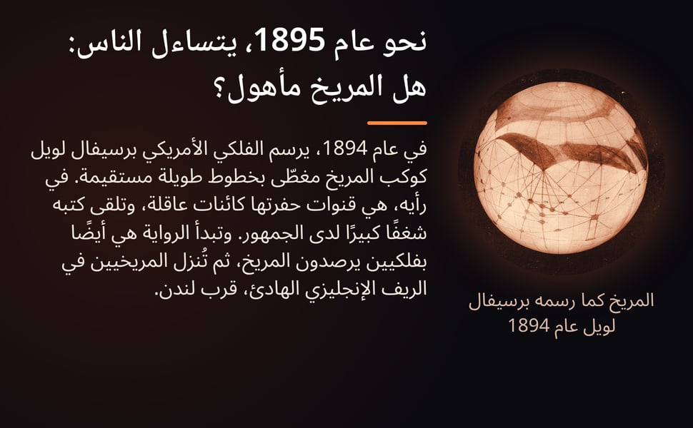 نحو عام 1895، يتساءل الناس: هل المريخ مأهول؟ في عام 1894، يرسم الفلكي الأمريكي برسيفال لويل كوكب المريخ مغطّى بخطوط طويلة مستقيمة. في رأيه، هي قنوات حفرتها كائنات عاقلة، وتلقى كتبه شغفًا كبيرًا لدى الجمهور. وتبدأ…