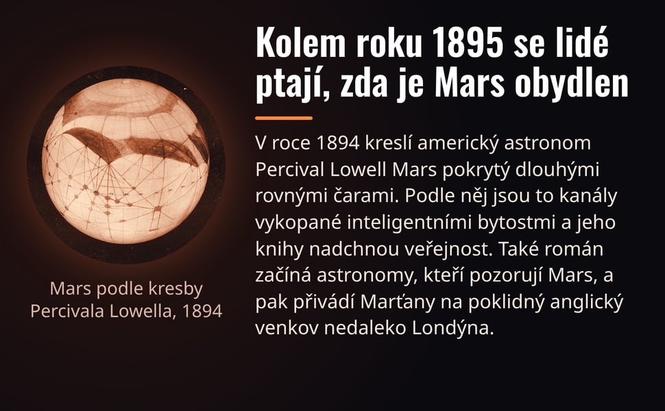 Kolem roku 1895 se lidé ptají, zda je Mars obydlen. V roce 1894 kreslí americký astronom Percival Lowell Mars pokrytý dlouhými rovnými čarami. Podle něj jsou to kanály vykopané inteligentními bytostmi a jeho knihy…