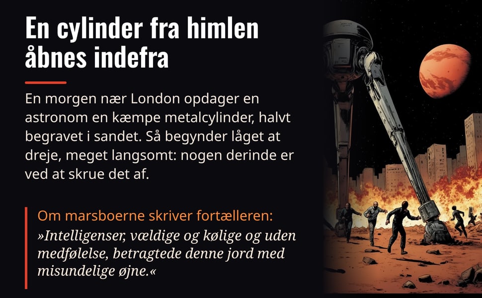 En cylinder fra himlen åbnes indefra. En morgen nær London opdager en astronom en kæmpe metalcylinder, halvt begravet i sandet. Så begynder låget at dreje, meget langsomt: nogen derinde er ved at skrue det af.