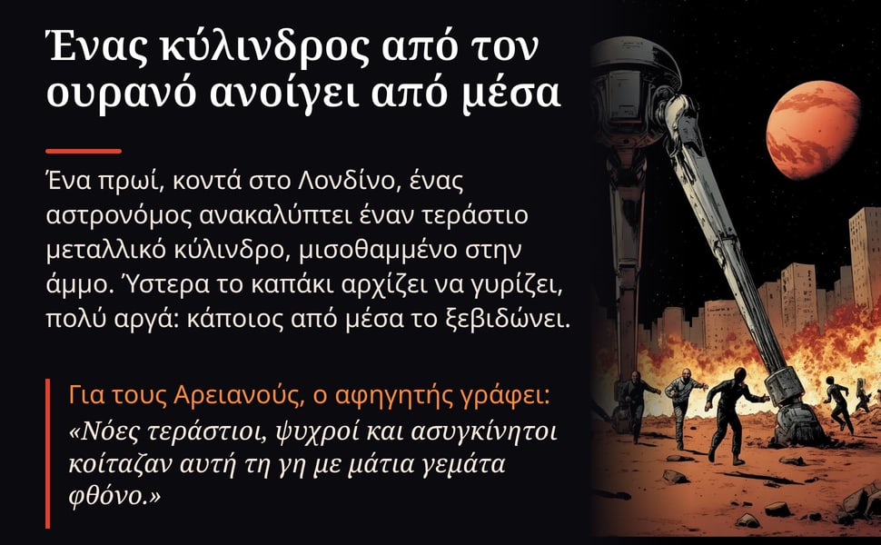 Ένας κύλινδρος από τον ουρανό ανοίγει από μέσα. Ένα πρωί, κοντά στο Λονδίνο, ένας αστρονόμος ανακαλύπτει έναν τεράστιο μεταλλικό κύλινδρο, μισοθαμμένο στην άμμο. Ύστερα το καπάκι αρχίζει να γυρίζει, πολύ αργά: κάποιος…