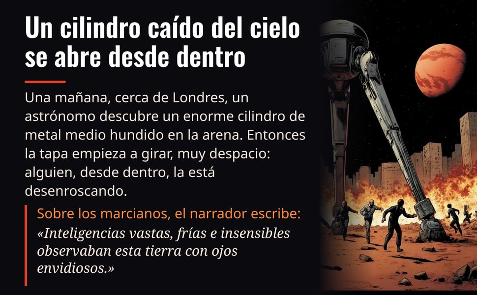 Un cilindro caído del cielo se abre desde dentro. Una mañana, cerca de Londres, un astrónomo descubre un enorme cilindro de metal medio hundido en la arena. Entonces la tapa empieza a girar, muy despacio: alguien…