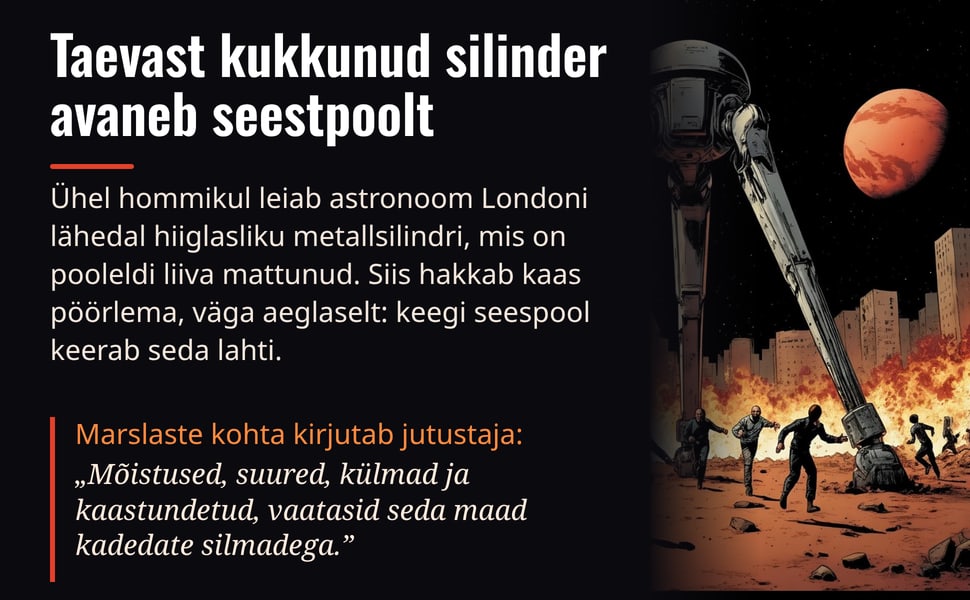 Taevast kukkunud silinder avaneb seestpoolt. Ühel hommikul leiab astronoom Londoni lähedal hiiglasliku metallsilindri, mis on pooleldi liiva mattunud. Siis hakkab kaas pöörlema, väga aeglaselt: keegi seespool keerab…