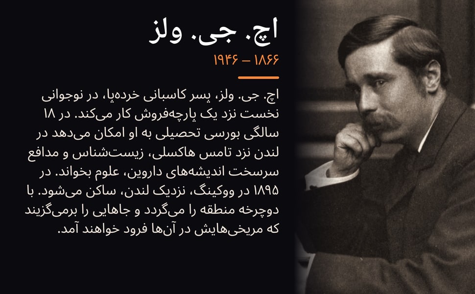 اچ. جی. ولز. اچ. جی. ولز، پسر کاسبانی خردهپا، در نوجوانی نخست نزد یک پارچهفروش کار میکند. در ۱۸ سالگی بورسی تحصیلی به او امکان میدهد در لندن نزد تامس هاکسلی، زیستشناس و مدافع سرسخت اندیشههای داروین، علوم بخواند.…
