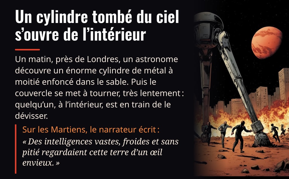 Un cylindre tombé du ciel s’ouvre de l’intérieur. Un matin, près de Londres, un astronome découvre un énorme cylindre de métal à moitié enfoncé dans le sable. Puis le couvercle se met à tourner, très lentement : quelqu’un, à l’intérieur, est en train de le dévisser. Sur les Martiens, le narrateur écrit : « Des intelligences vastes, froides et sans pitié regardaient cette terre d’un œil envieux. »
