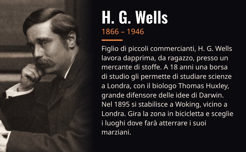 H. G. Wells. Figlio di piccoli commercianti, H. G. Wells lavora dapprima, da ragazzo, presso un mercante di stoffe. A 18 anni una borsa di studio gli permette di studiare scienze a Londra, con il biologo Thomas Huxley…