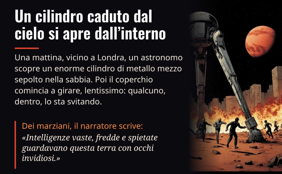 Un cilindro caduto dal cielo si apre dall’interno. Una mattina, vicino a Londra, un astronomo scopre un enorme cilindro di metallo mezzo sepolto nella sabbia. Poi il coperchio comincia a girare, lentissimo: qualcuno…
