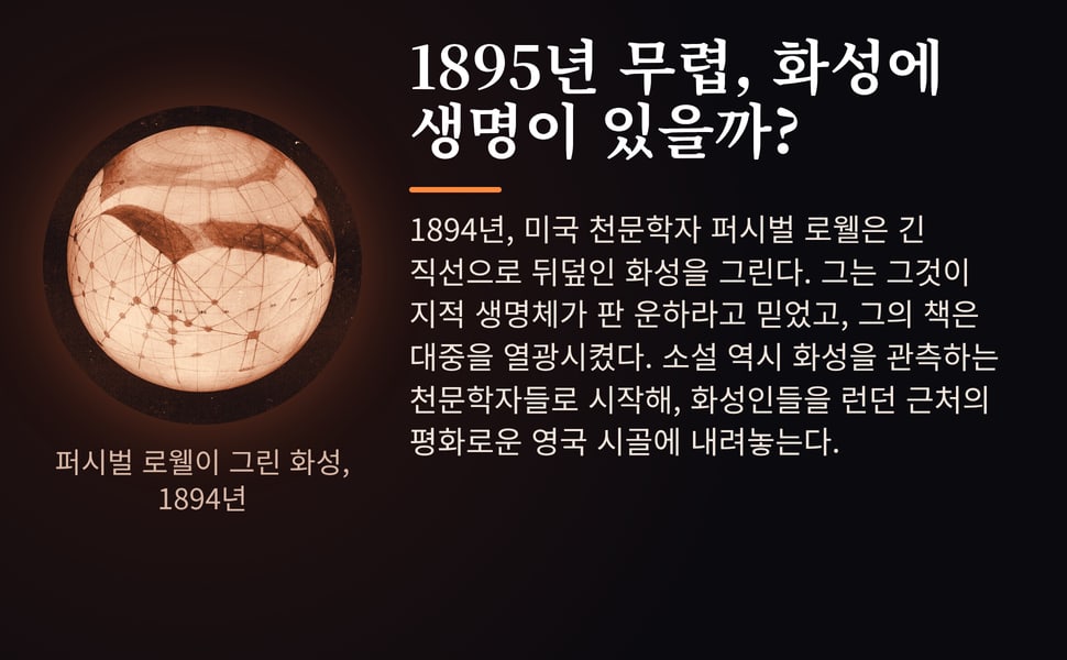 1895년 무렵, 화성에 생명이 있을까? 1894년, 미국 천문학자 퍼시벌 로웰은 긴 직선으로 뒤덮인 화성을 그린다. 그는 그것이 지적 생명체가 판 운하라고 믿었고, 그의 책은 대중을 열광시켰다. 소설 역시 화성을 관측하는 천문학자들로 시작해, 화성인들을 런던 근처의 평화로운 영국 시골에 내려놓는다.