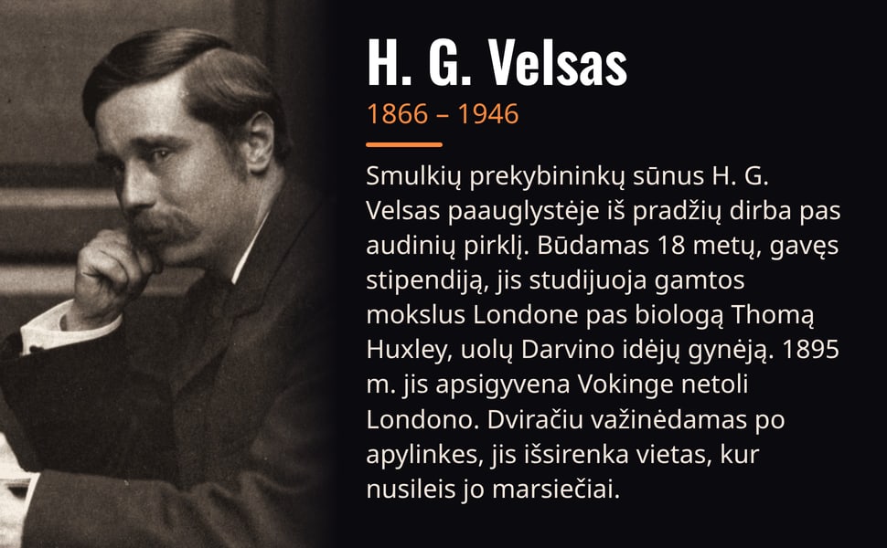 H. G. Velsas. Smulkių prekybininkų sūnus H. G. Velsas paauglystėje iš pradžių dirba pas audinių pirklį. Būdamas 18 metų, gavęs stipendiją, jis studijuoja gamtos mokslus Londone pas biologą Thomą Huxley, uolų Darvino…