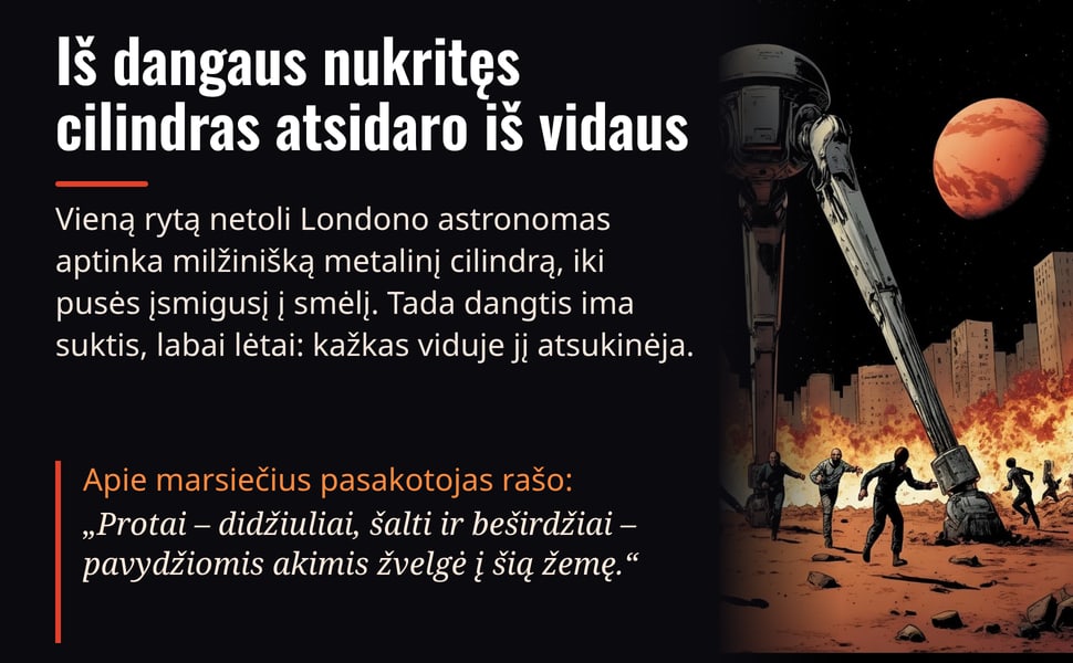 Iš dangaus nukritęs cilindras atsidaro iš vidaus. Vieną rytą netoli Londono astronomas aptinka milžinišką metalinį cilindrą, iki pusės įsmigusį į smėlį. Tada dangtis ima suktis, labai lėtai: kažkas viduje jį atsukinėja.