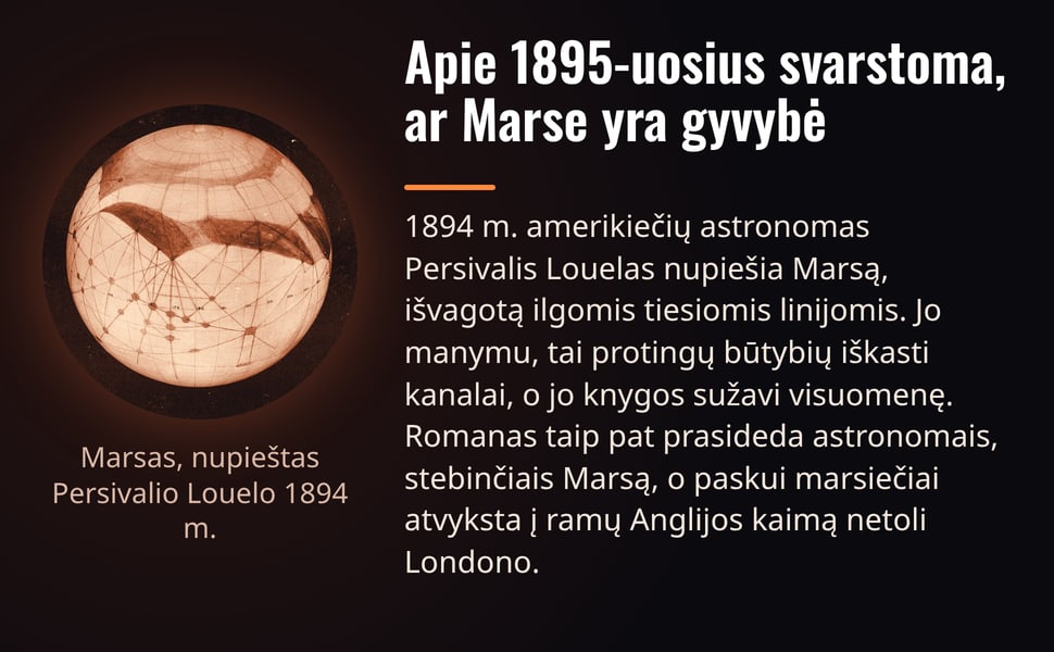 Apie 1895-uosius svarstoma, ar Marse yra gyvybė. 1894 m. amerikiečių astronomas Persivalis Louelas nupiešia Marsą, išvagotą ilgomis tiesiomis linijomis. Jo manymu, tai protingų būtybių iškasti kanalai, o jo knygos…