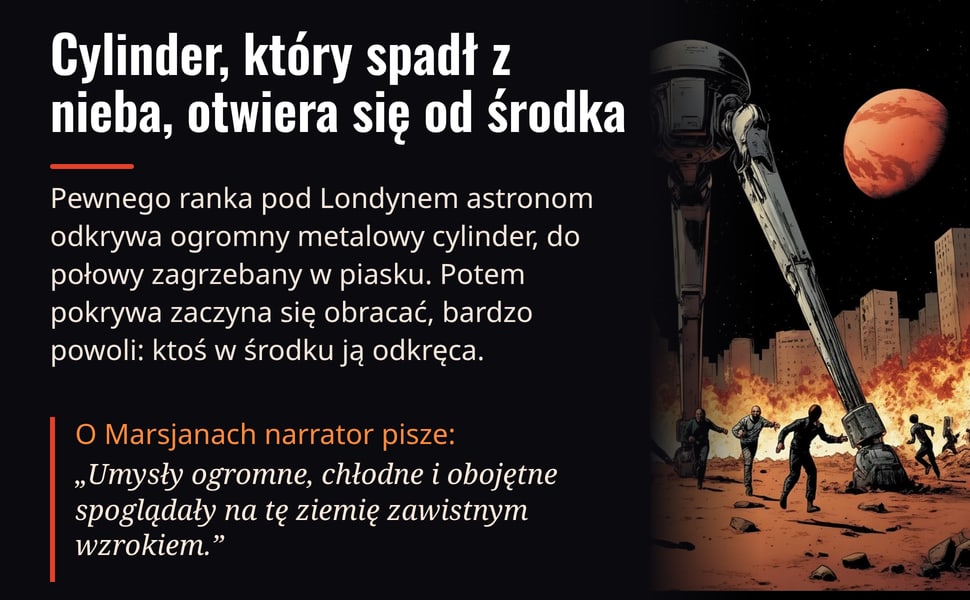 Cylinder, który spadł z nieba, otwiera się od środka. Pewnego ranka pod Londynem astronom odkrywa ogromny metalowy cylinder, do połowy zagrzebany w piasku. Potem pokrywa zaczyna się obracać, bardzo powoli: ktoś w…